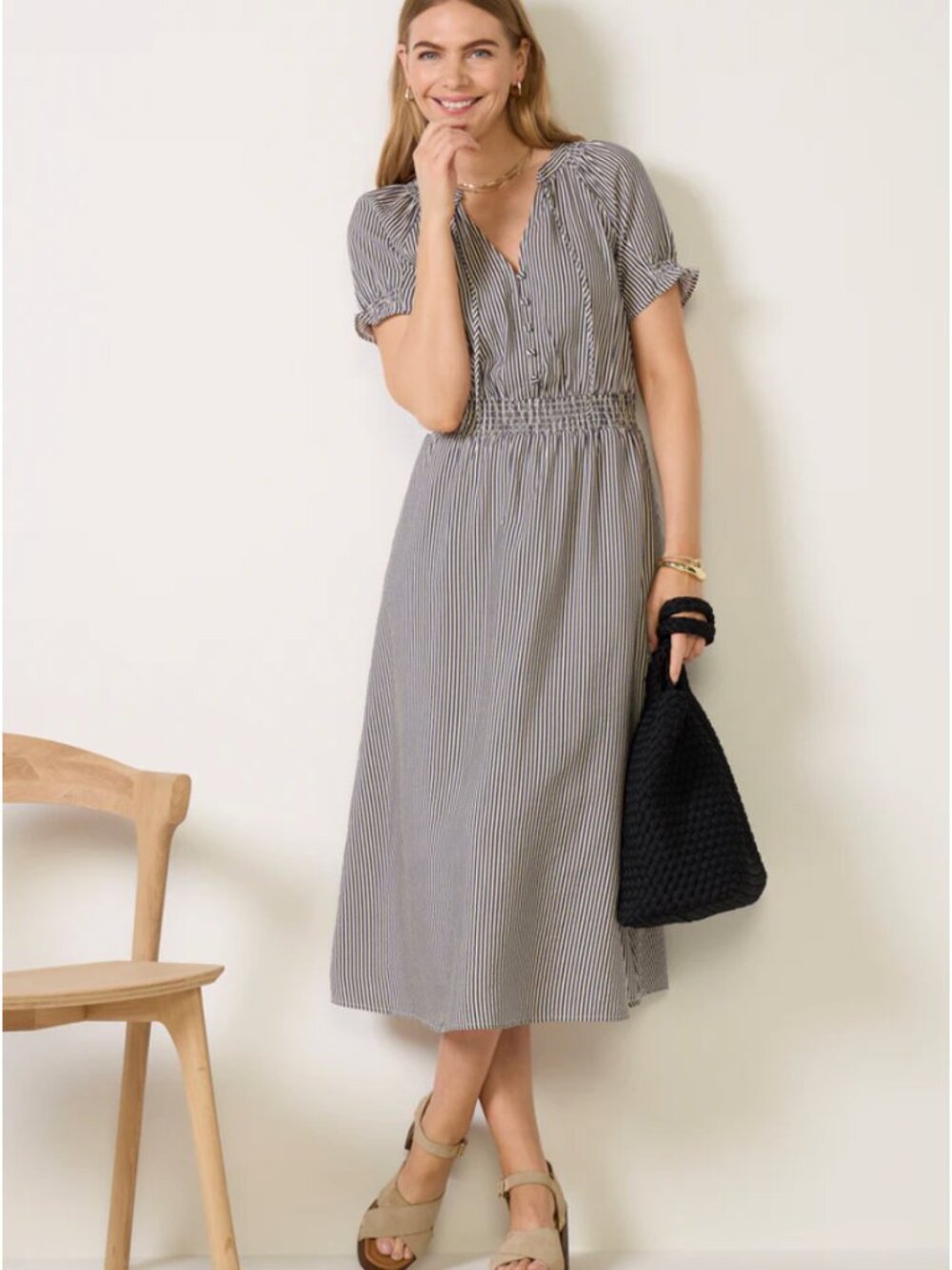 Evereve Mina Midi Navy & White Seersucker Stripe Dress
